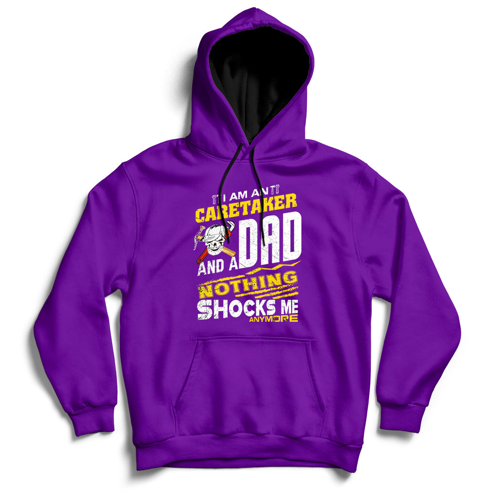Purple hoodie with front graphic text, drawstring hood, and kangaroo pocket.