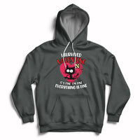 Dark charcoal pullover hoodie with heart front graphic, kangaroo pocket and white drawstrings