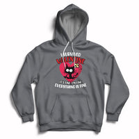Charcoal pullover hoodie with heart front graphic, kangaroo pocket and white drawstrings