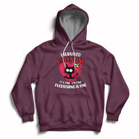 Maroon pullover hoodie with heart front graphic, kangaroo pocket and white drawstrings