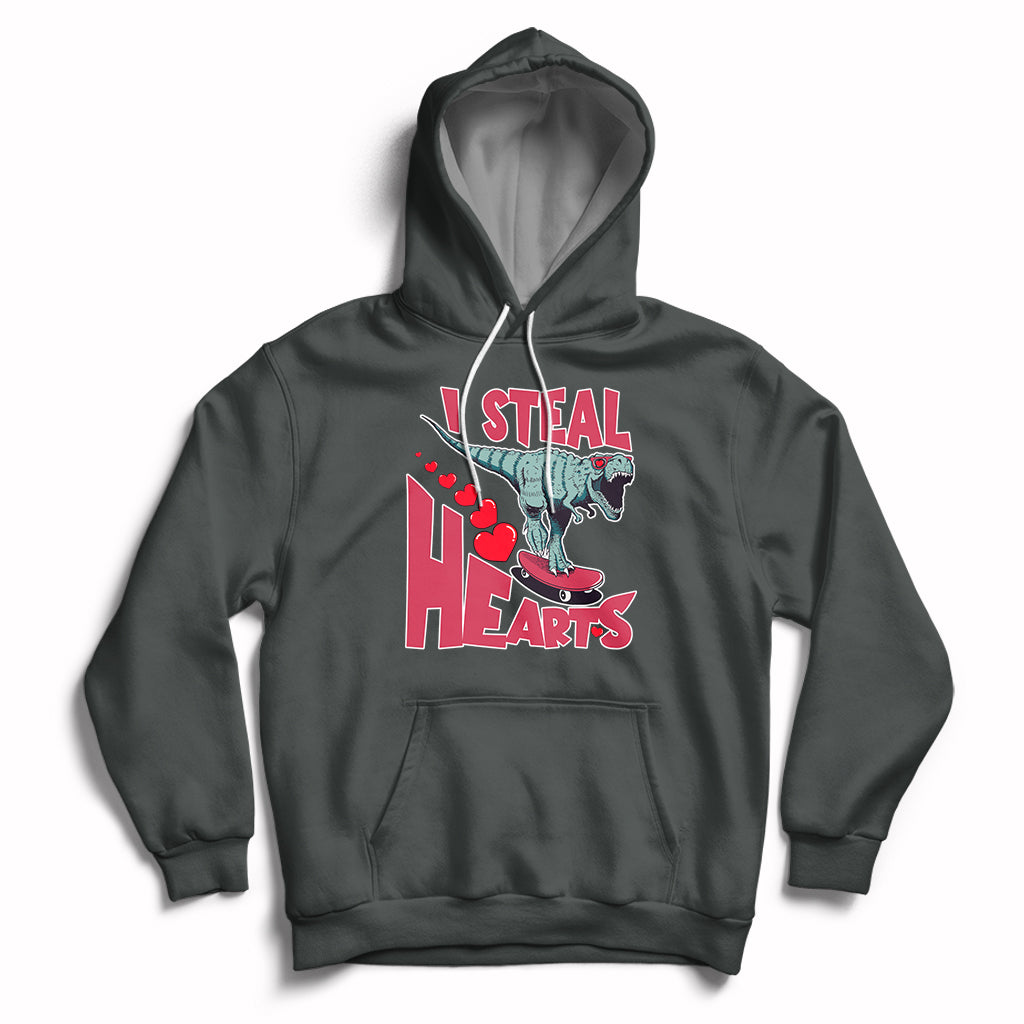 Valentines Day Dinosaur I Steal Hearts Skateboard Hoodie - Wonder Print Shop