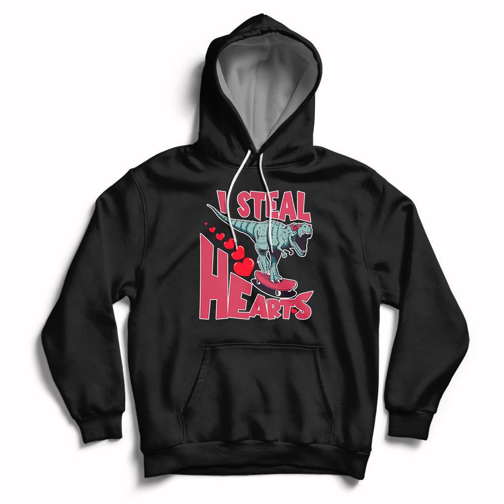 Valentines Day Dinosaur I Steal Hearts Skateboard Hoodie - Wonder Print Shop