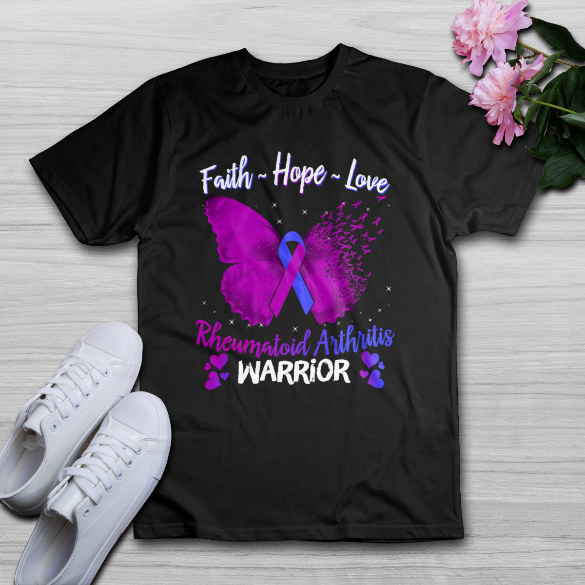 Faith Hope Love Butterfly Rheumatoid Arthritis Warrior, Awareness T Shirt - Wonder Print Shop