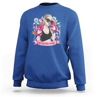 Women’s royal blue graphic sweatshirt with illustrated girl and flowers “Be Bold for Change”