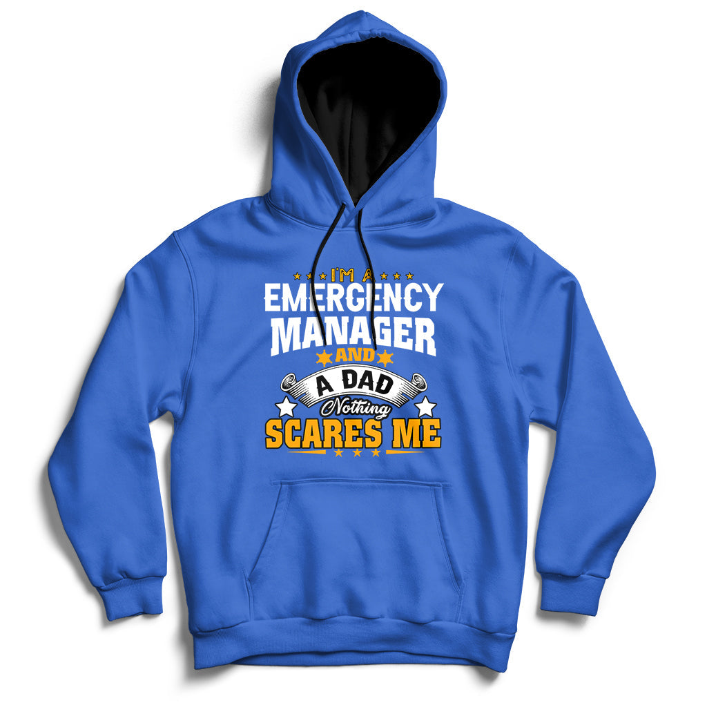 Royal blue pullover hoodie with front "Emergency Manager and Dad" graphic.
