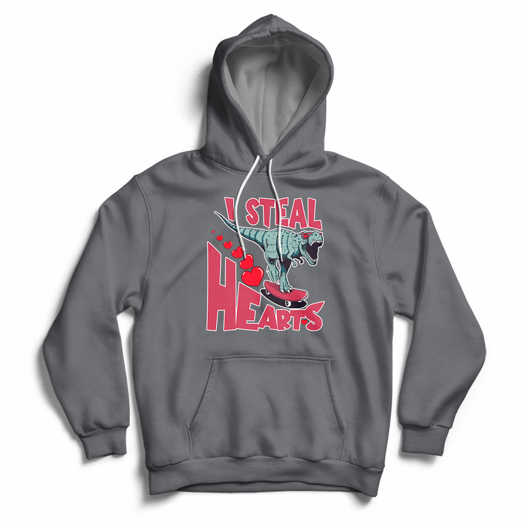 Valentines Day Dinosaur I Steal Hearts Skateboard Hoodie - Wonder Print Shop
