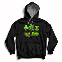 Black hoodie with front pocket, drawstring hood, and green St. Patrick’s graphic on chest