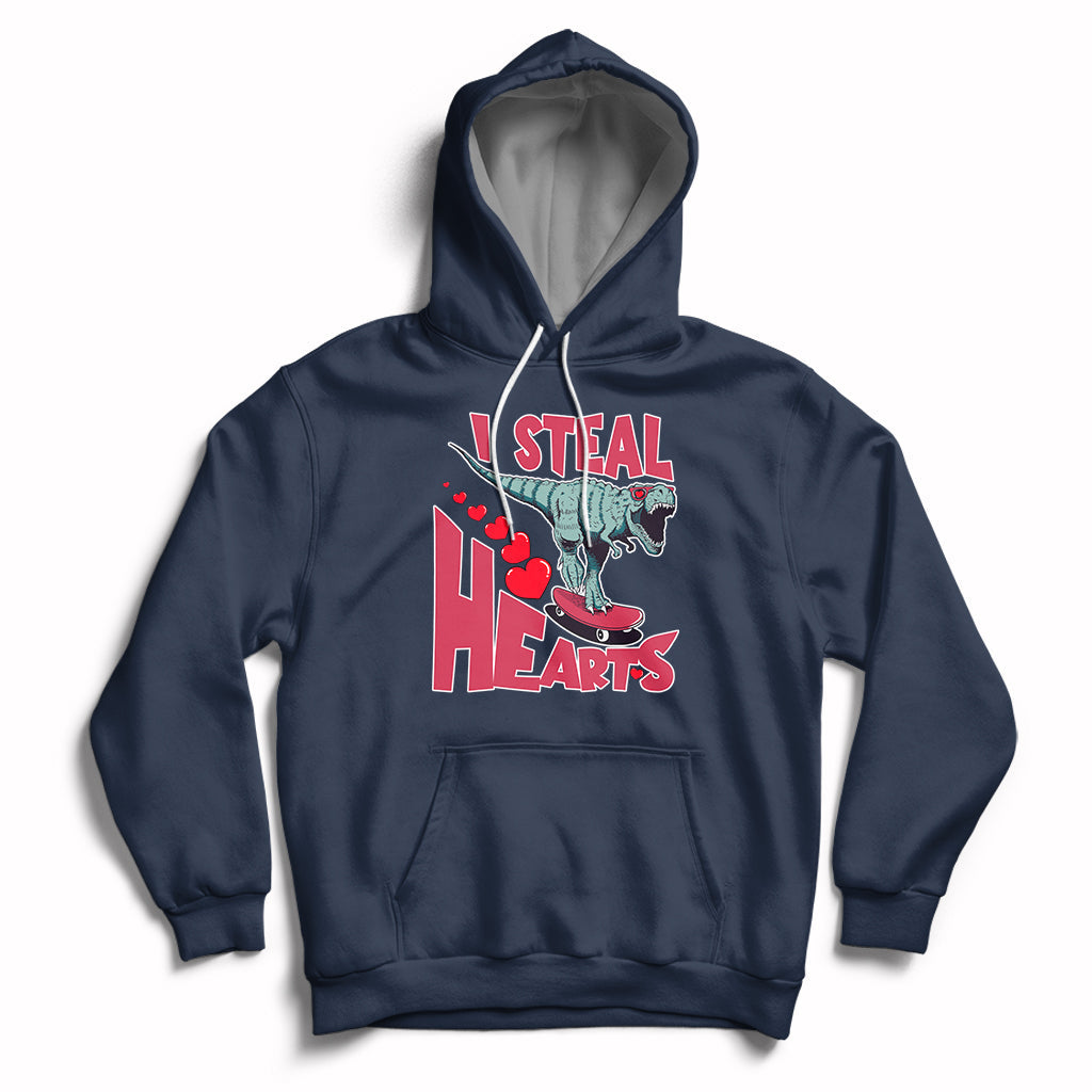 Valentines Day Dinosaur I Steal Hearts Skateboard Hoodie - Wonder Print Shop