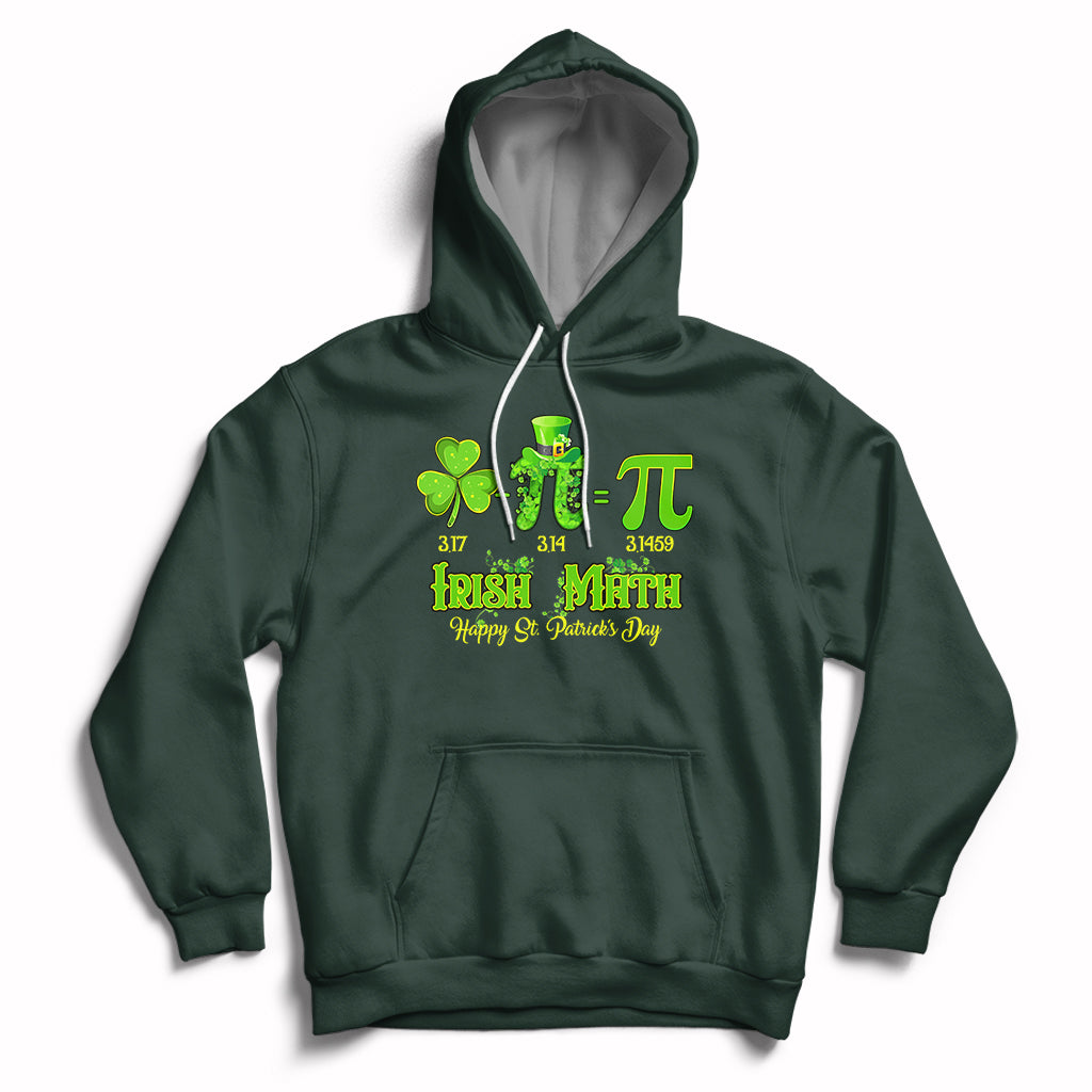 Forest green hoodie with front pocket, drawstring hood, and green St. Patrick’s graphic on chest