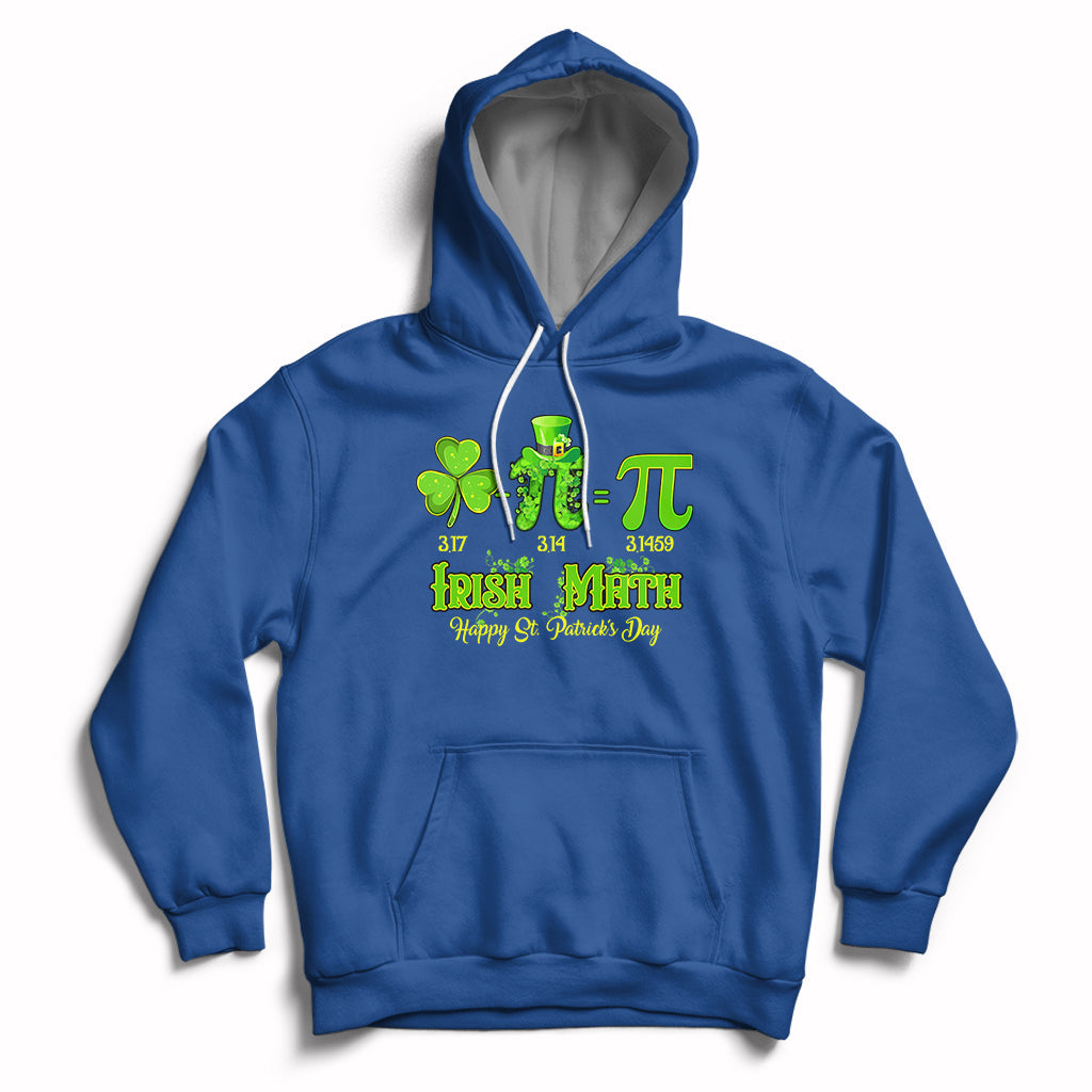 Royal blue hoodie with front pocket, drawstring hood, and green St. Patrick’s graphic on chest