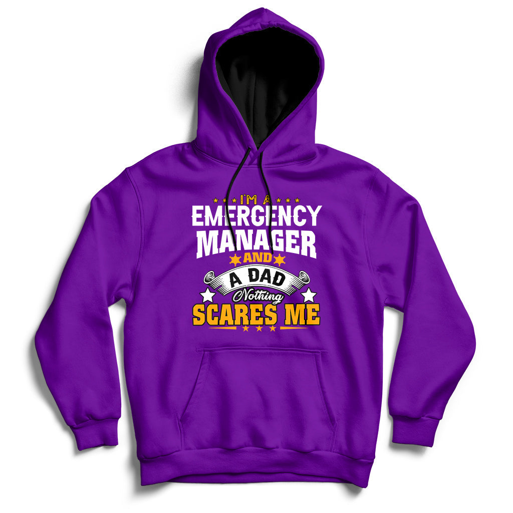Purple pullover hoodie with front "Emergency Manager and Dad" graphic.