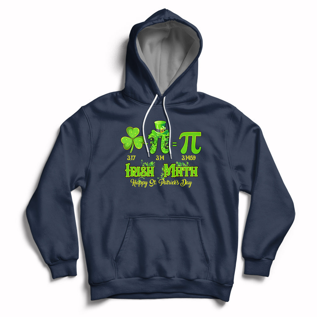 Navy hoodie with front pocket, drawstring hood, and green St. Patrick’s graphic on chest
