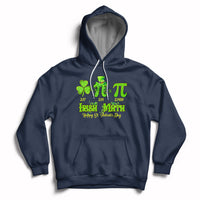 Navy hoodie with front pocket, drawstring hood, and green St. Patrick’s graphic on chest