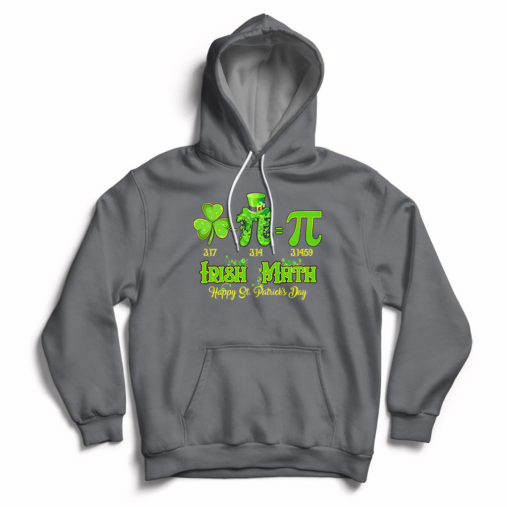 Charcoal gray hoodie with front pocket, drawstring hood, and green St. Patrick’s graphic on chest