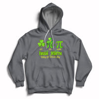 Charcoal gray hoodie with front pocket, drawstring hood, and green St. Patrick’s graphic on chest