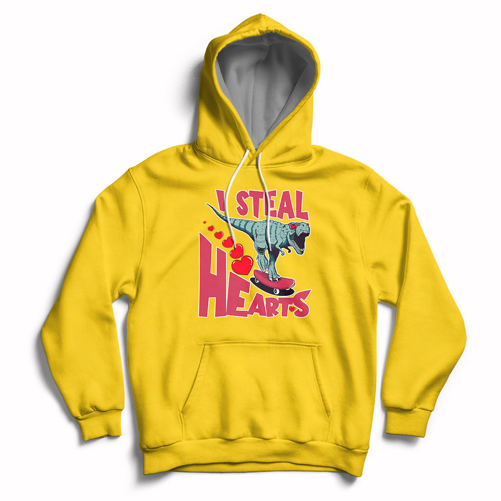 Valentines Day Dinosaur I Steal Hearts Skateboard Hoodie - Wonder Print Shop
