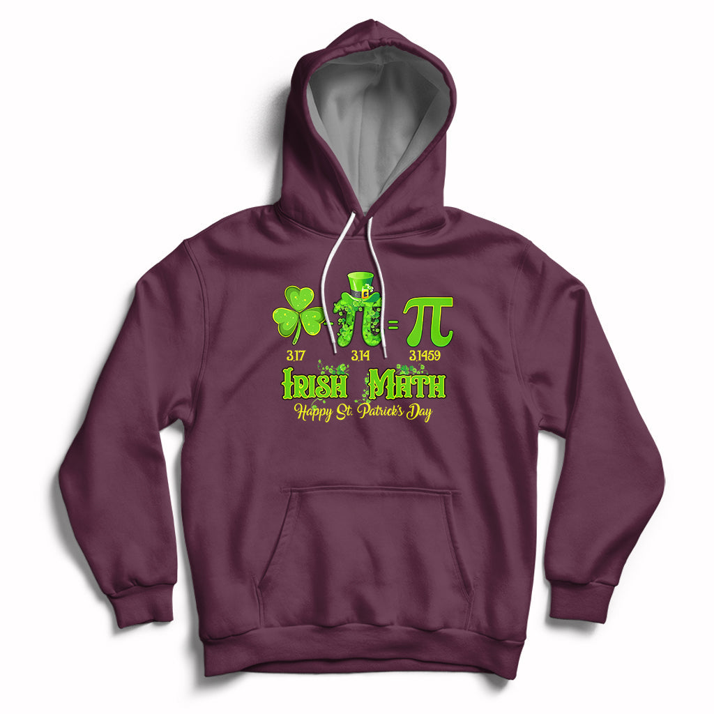 Maroon hoodie with front pocket, drawstring hood, and green St. Patrick’s graphic on chest