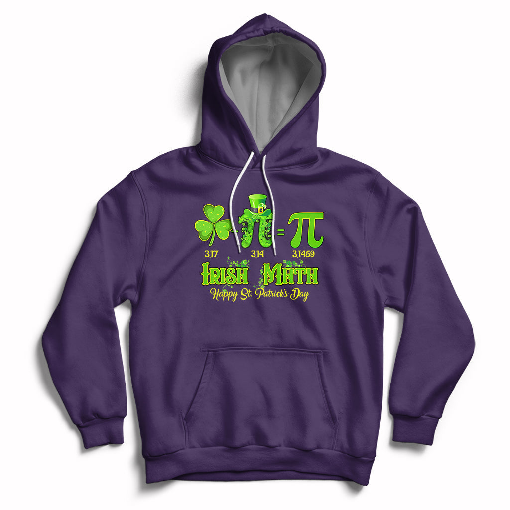 Purple hoodie with front pocket, drawstring hood, and green St. Patrick’s graphic on chest