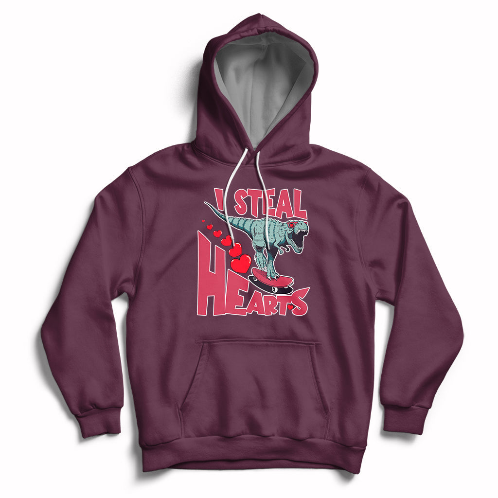 Valentines Day Dinosaur I Steal Hearts Skateboard Hoodie - Wonder Print Shop