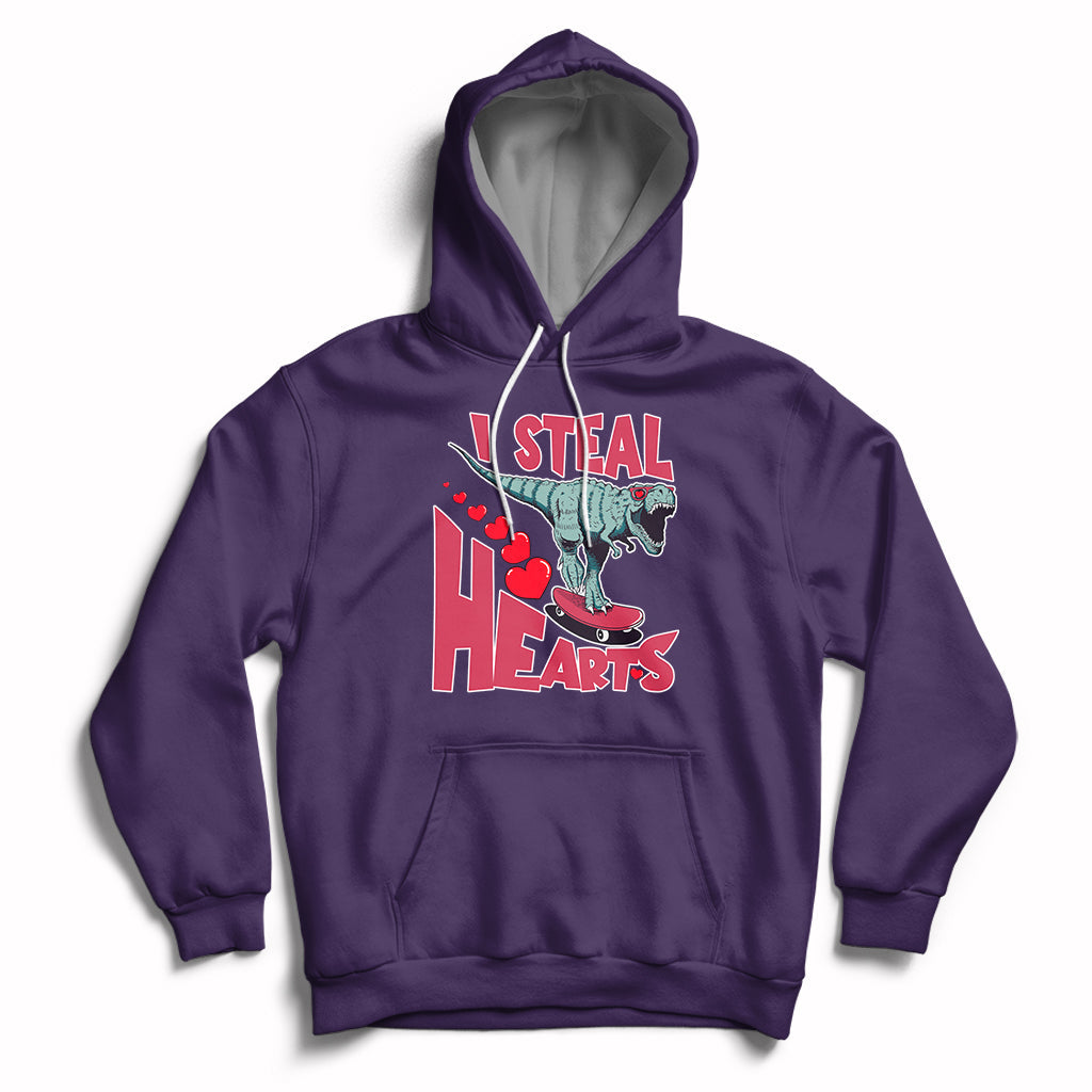 Valentines Day Dinosaur I Steal Hearts Skateboard Hoodie - Wonder Print Shop