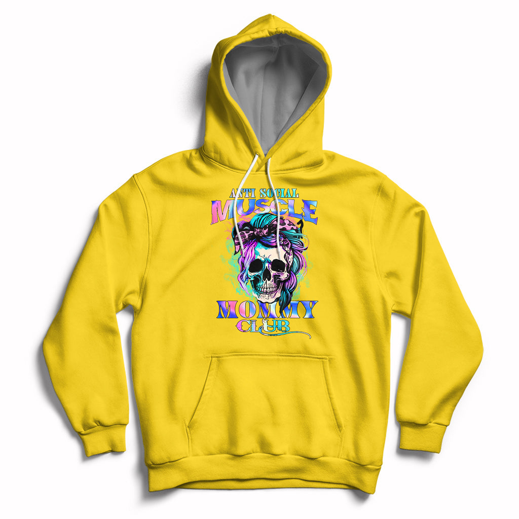 Anti Social Muscle Mommy Club Groovy Pump Cover Funny Messy Bun Skull Hoodie - Wonder Print Shop