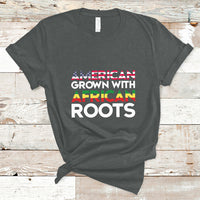 Dark gray crew-neck T-shirt with “AMERICAN GROWN WITH AFRICAN ROOTS” front print