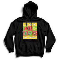 Black garden hoodie with hood, pouch pocket, and 'I'll Be In My Office' front graphic