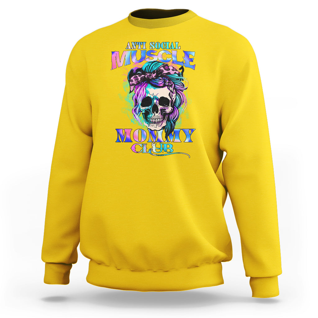 Anti Social Muscle Mommy Club Groovy Pump Cover Funny Messy Bun Skull Sweatshirt - Wonder Print Shop