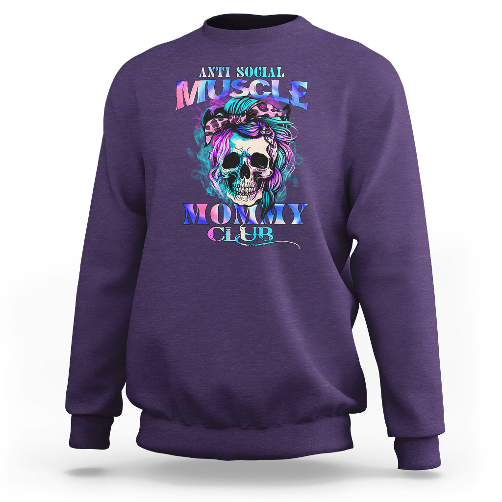 Anti Social Muscle Mommy Club Groovy Pump Cover Funny Messy Bun Skull Sweatshirt - Wonder Print Shop