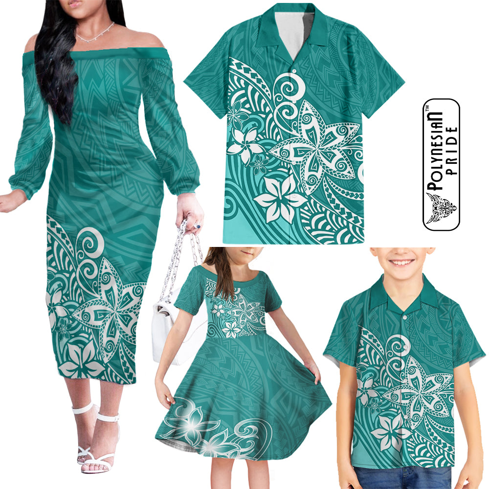 Hawaii Family Matching Outfits Polynesia Off Shoulder Long Sleeve Dress And Shirt Family Set Clothes Plumeria Teal Curves - Wonder Print Shop