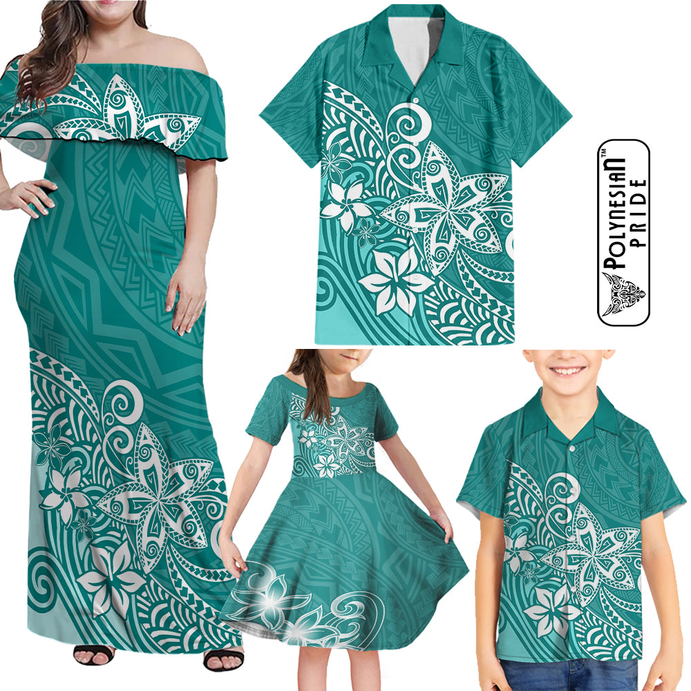 Hawaii Family Matching Outfits Polynesia Off Shoulder Maxi Dress And Shirt Family Set Clothes Plumeria Teal Curves LT7 - Wonder Print Shop