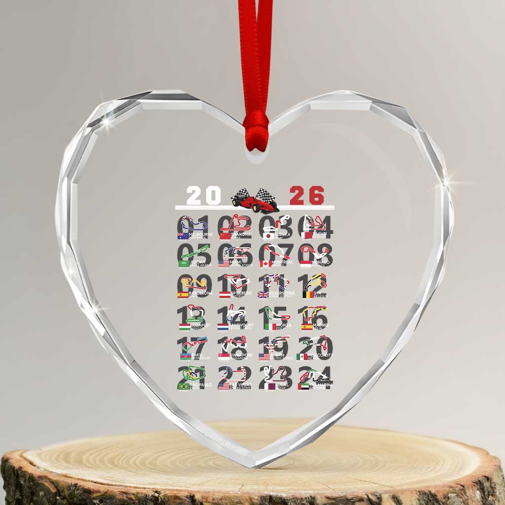 2026 Car Racing Circuit Heart Crystal Glass Ornament International Race Track Schedule Graphic with Flags - Wonder Print Shop