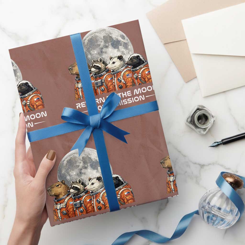 2026 Mission Lunar Orbit Animal Crew Wrapping Paper Roll Funny Capybara Raccoon Opossum Skunk Astronauts