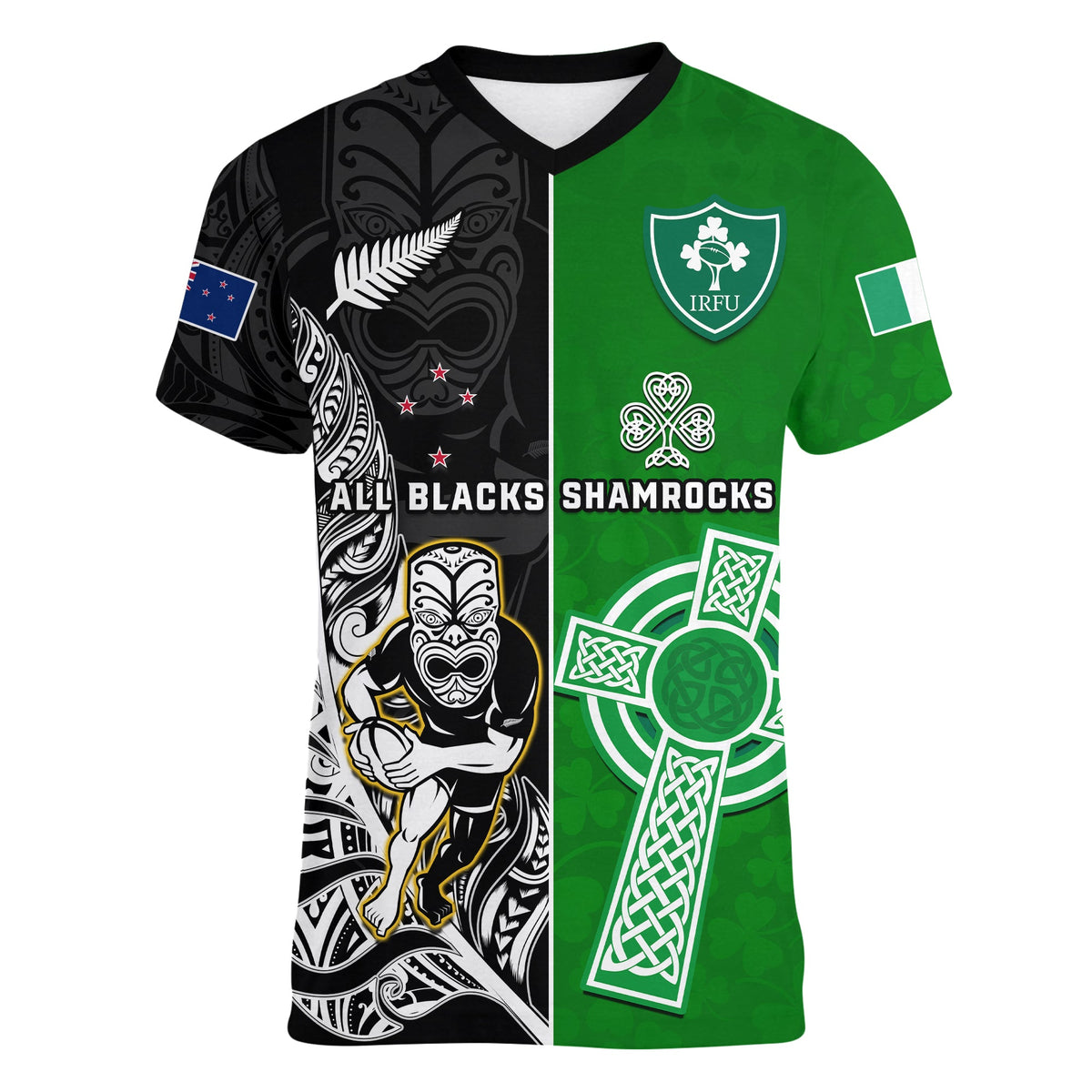 Custom New Zealand And Ireland Rugby V Neck T Shirt All Black Maori Mix Shamrocks - Wonder Print Shop