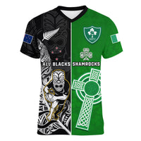 Custom New Zealand And Ireland Rugby V Neck T Shirt All Black Maori Mix Shamrocks - Wonder Print Shop