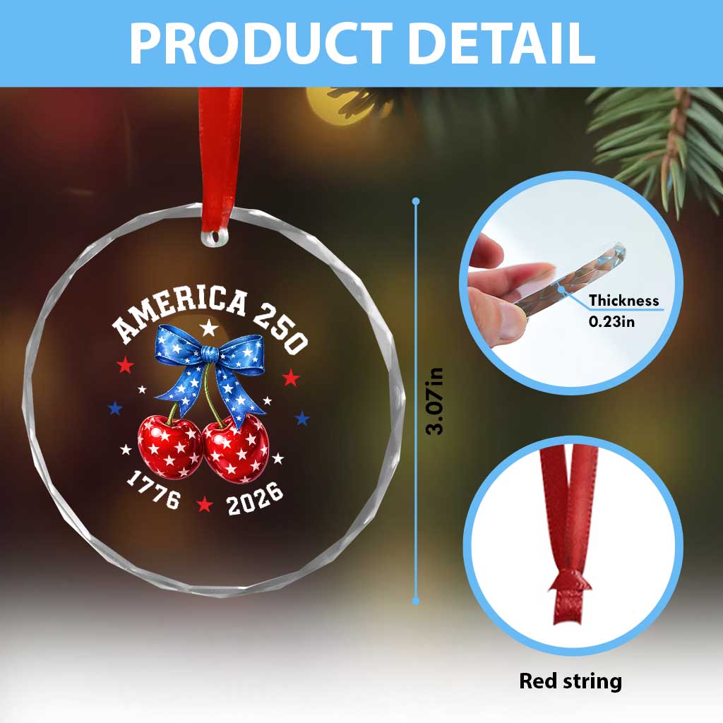 250 Anniversary USA Crystal Glass Ornament Cherry Coquette Bow 4th Of July 1776 2026 250th Birthday