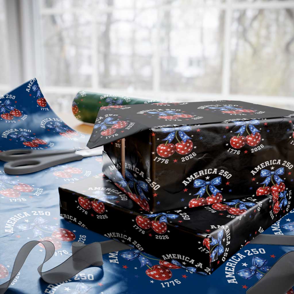 250 Anniversary USA Wrapping Paper Roll Cherry Coquette Bow 4th Of July 1776 2026 250th Birthday