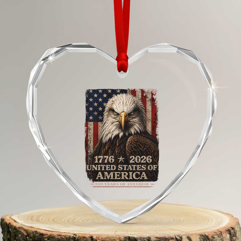 250 Anniversary USA Flag Heart Crystal Glass Ornament Vintage Bald Eagle Patriotic 1776 2026 250 Years Birthday