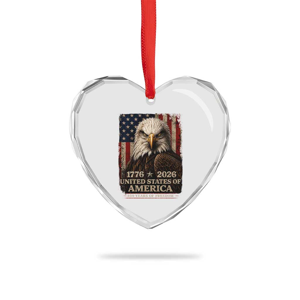 250 Anniversary USA Flag Heart Crystal Glass Ornament Vintage Bald Eagle Patriotic 1776 2026 250 Years Birthday