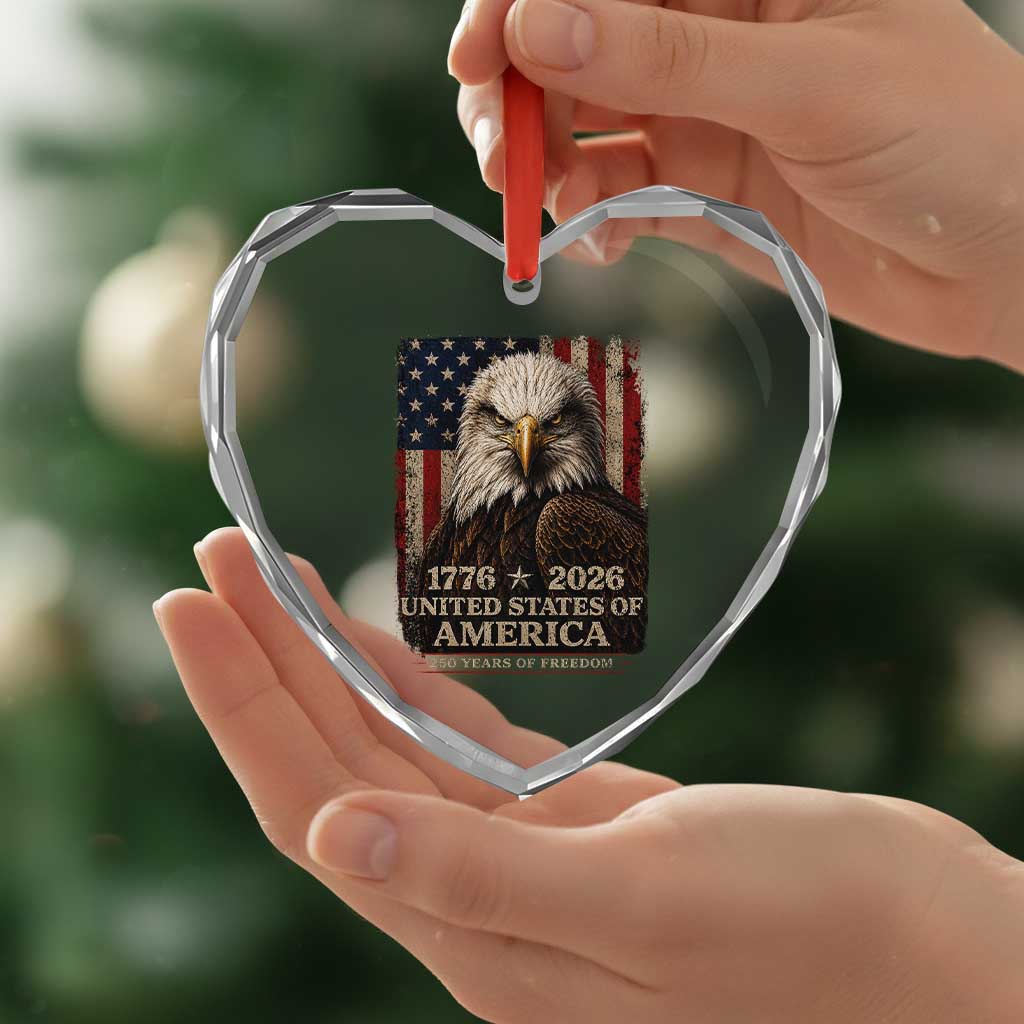 250 Anniversary USA Flag Heart Crystal Glass Ornament Vintage Bald Eagle Patriotic 1776 2026 250 Years Birthday