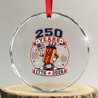 250 Years 1776 to 2026 Cartoon Hot Dog Crystal Glass Ornament Funny Uncle Sam Top Hat Waving American Flag Semiquincentennial