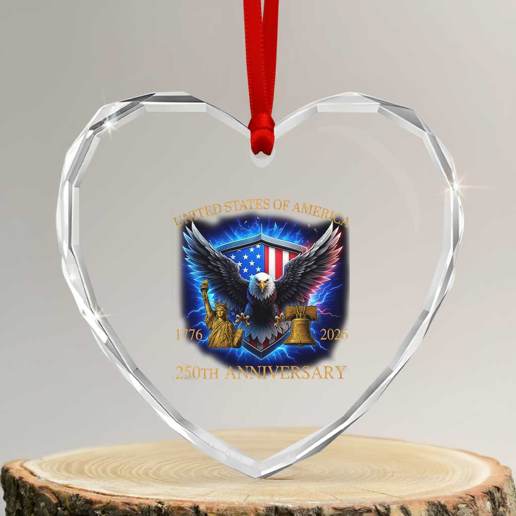 250 Years America Flag Heart Crystal Glass Ornament Eagle 250th Anniversary USA Patriotic 1776 2026 - Wonder Print Shop