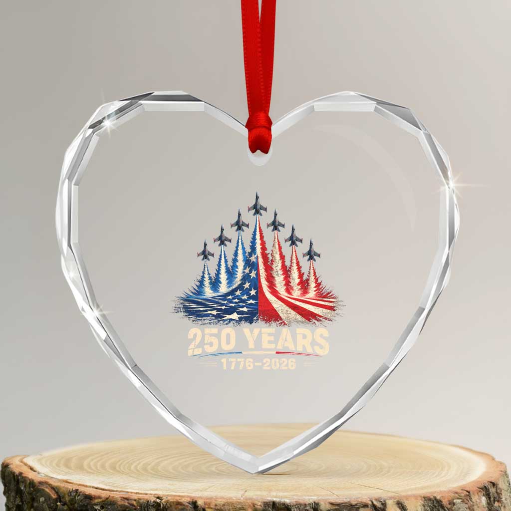250 Years American 1776 2026 Heart Crystal Glass Ornament USA 250th Anniversary 4th of July US Flag Jets