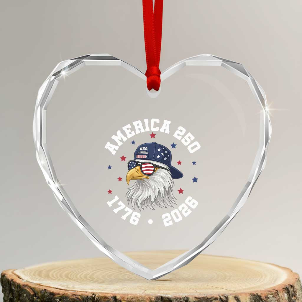 250 Years American Anniversary Heart Crystal Glass Ornament Patriotic Bald Eagle Fourth of July