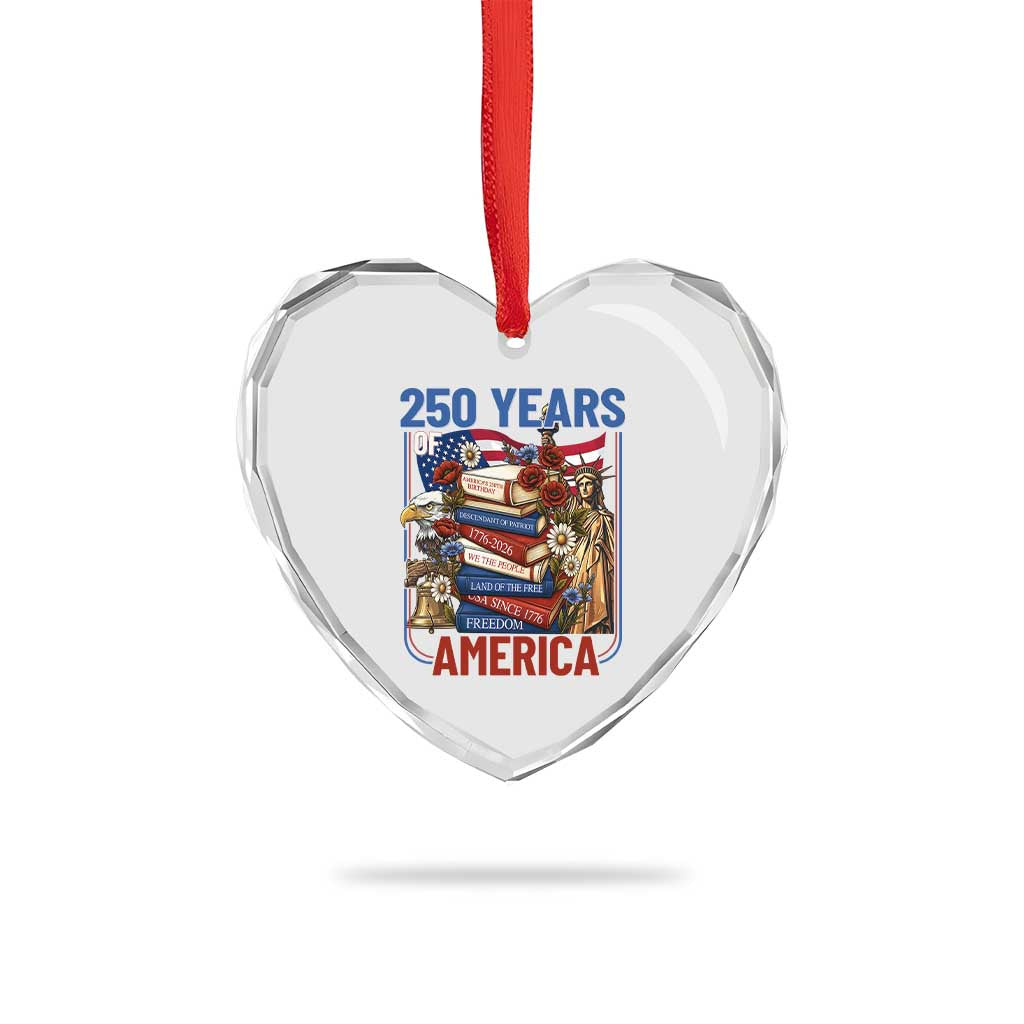 250 Years American Anniversary Heart Crystal Glass Ornament Patriotic Book Reader 4th of July