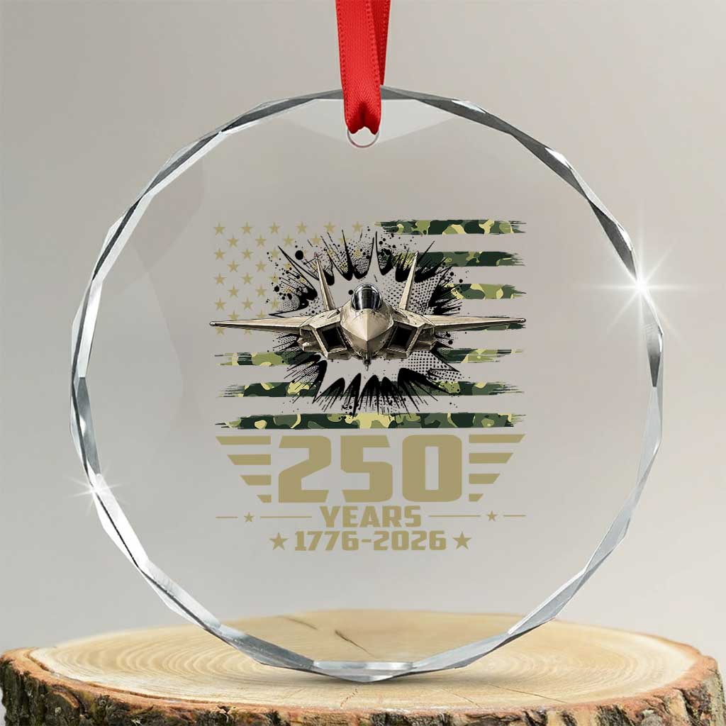 250 Years Anniversary Crystal Glass Ornament Patriotic Jet Fighter US Flag Camo