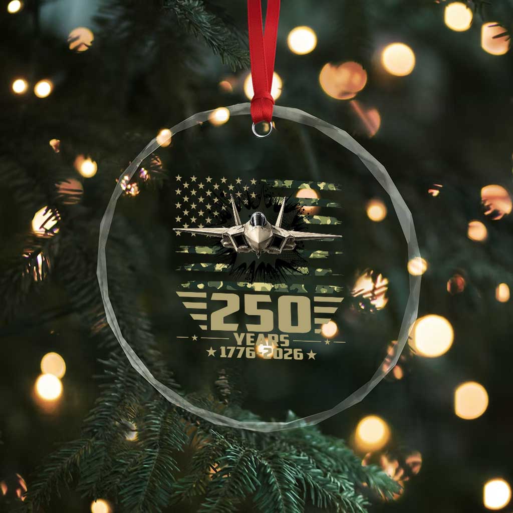 250 Years Anniversary Crystal Glass Ornament Patriotic Jet Fighter US Flag Camo