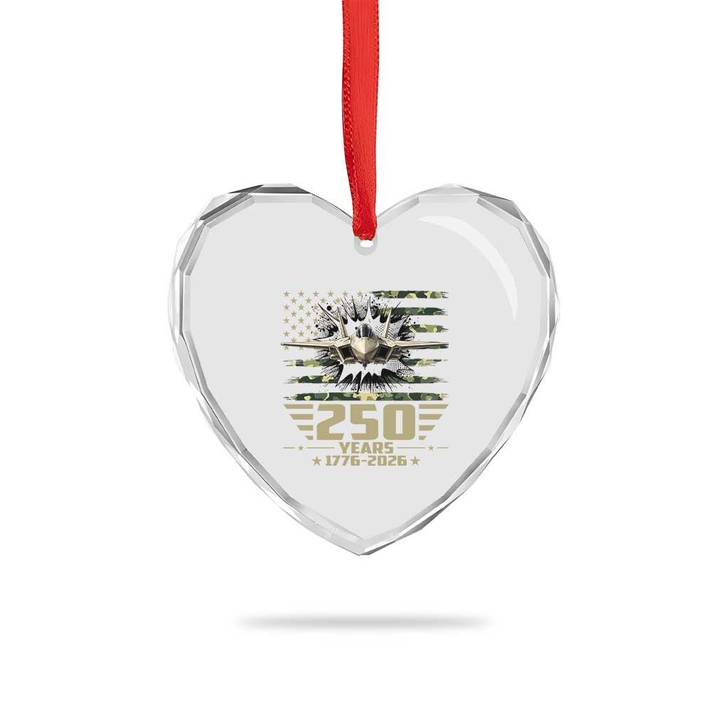 250 Years Anniversary Heart Crystal Glass Ornament Patriotic Jet Fighter US Flag Camo