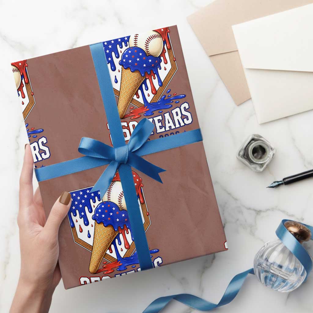 250 Years Baseball Ice Cream Drip 4th of July USA Flag Wrapping Paper Roll