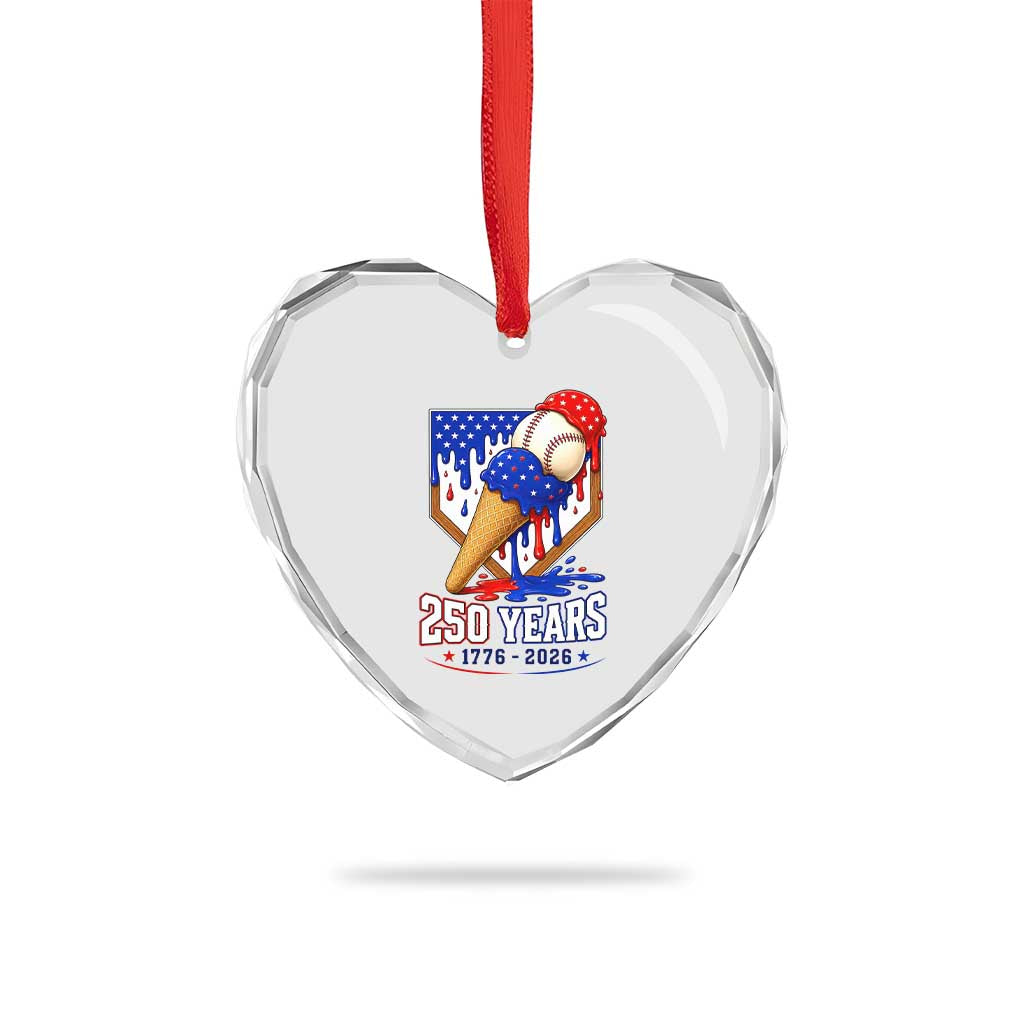250 Years Baseball Ice Cream Drip 4th of July USA Flag Heart Crystal Glass Ornament